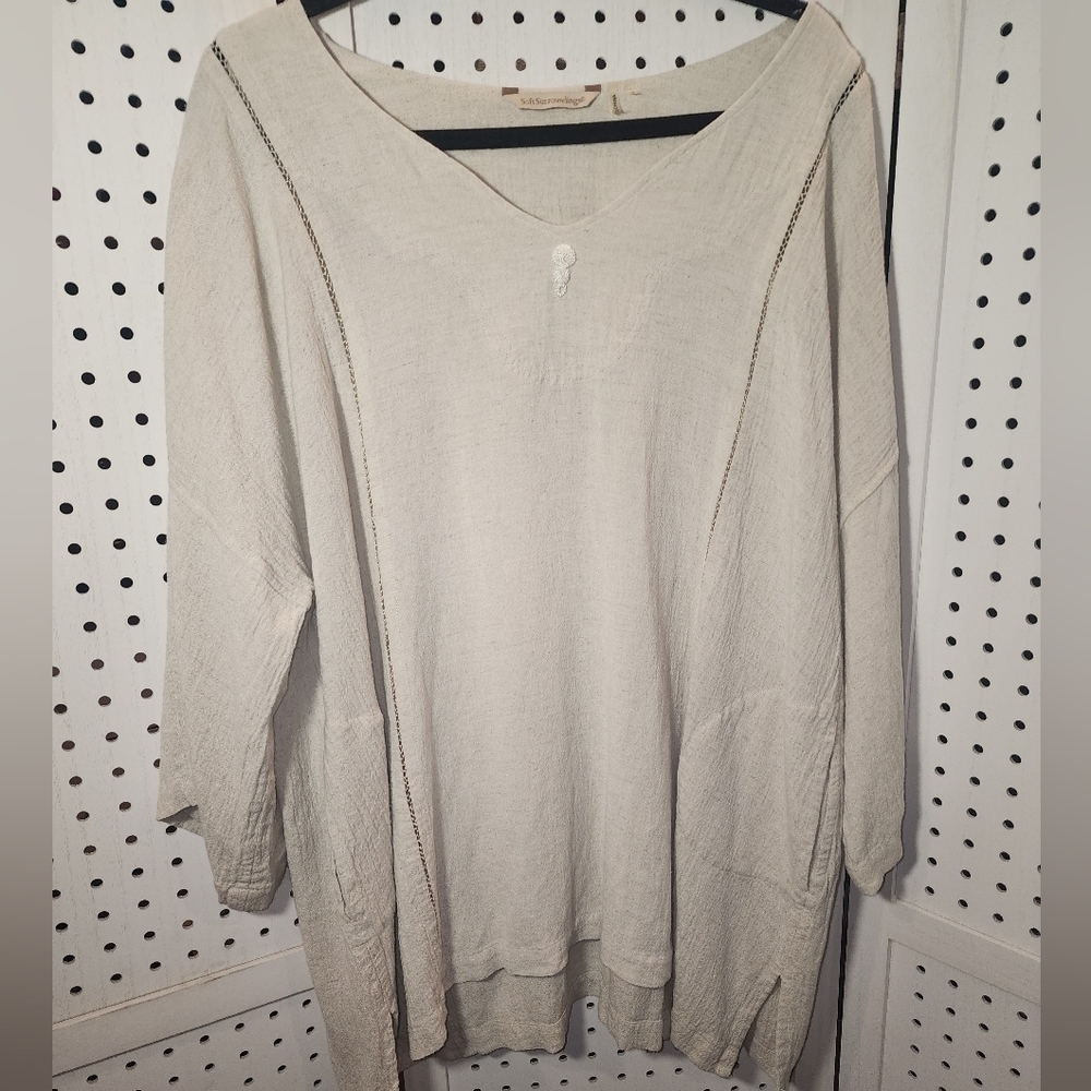 Soft Surroundings Linen L/XL Linen 3/4 Sleeves Tunic Beige/ Cream Pockets